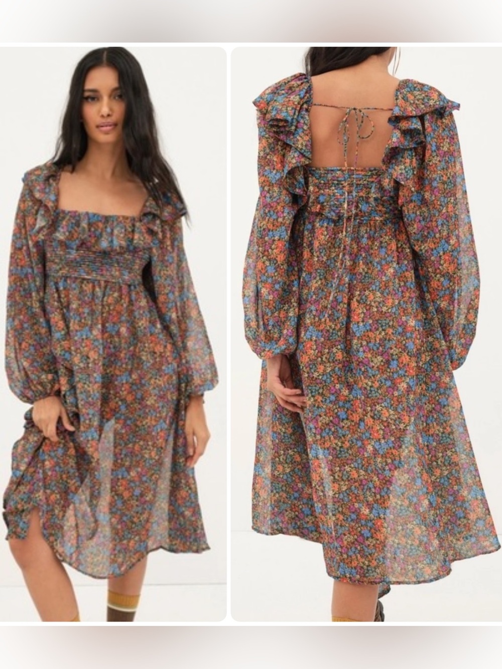 For Love & Lemons Brittany Floral Ruffle Smocked Side-Slit Midi Dress NWT $266 - Picture 3 of 7